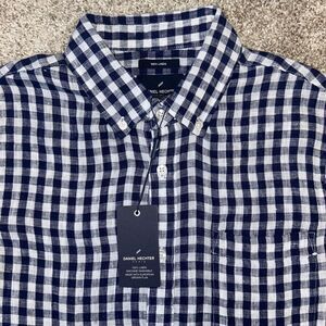 NWT Daniel Hechter Linen Plaid Button Down Shirt Men Size Medium Blue White (340